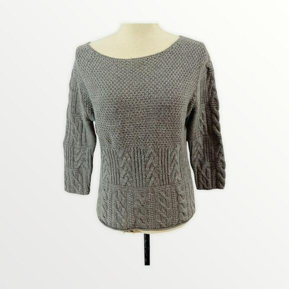 TSE Steel Melange Gray Knit Boatneck 100% Wool Sweater 3/4 Sleeves Small - Picture 6 of 6